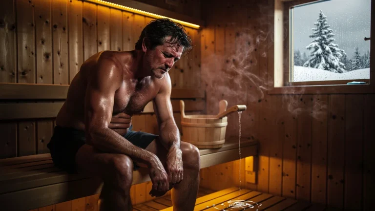 Homme fatigué dans un sauna en hiver, symbolisant l'épuisement et la surconsommation de saunas