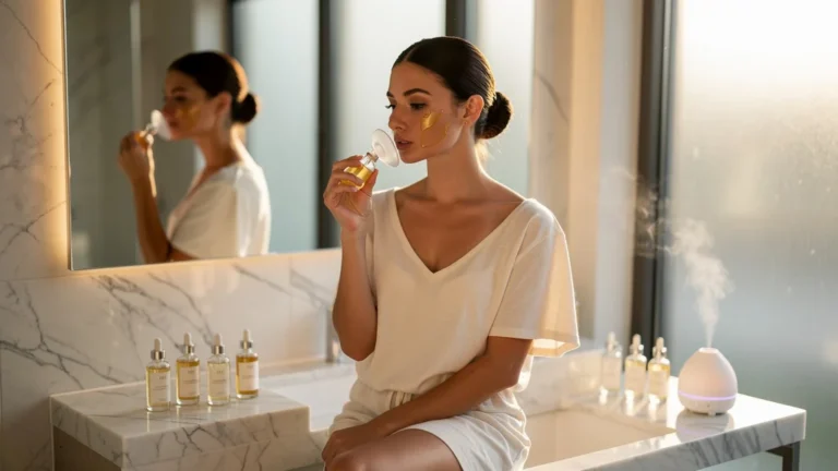 Femme testant les ventouses faciales avec huile, apprenant à doser l'aspiration pour soin peau optimal