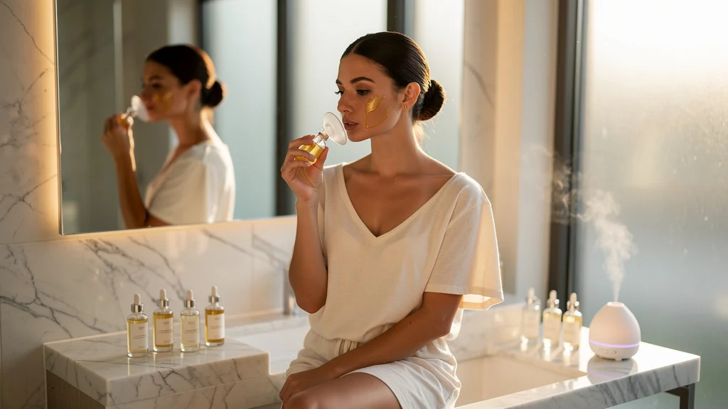 Femme testant les ventouses faciales avec huile, apprenant à doser l'aspiration pour soin peau optimal