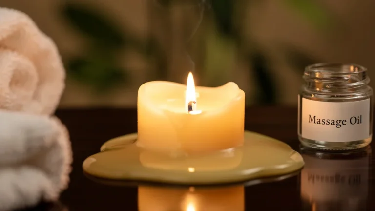 Bougie de massage luxueuse allumée avec cire fondue, ambiance spa relaxante et lumière chaude