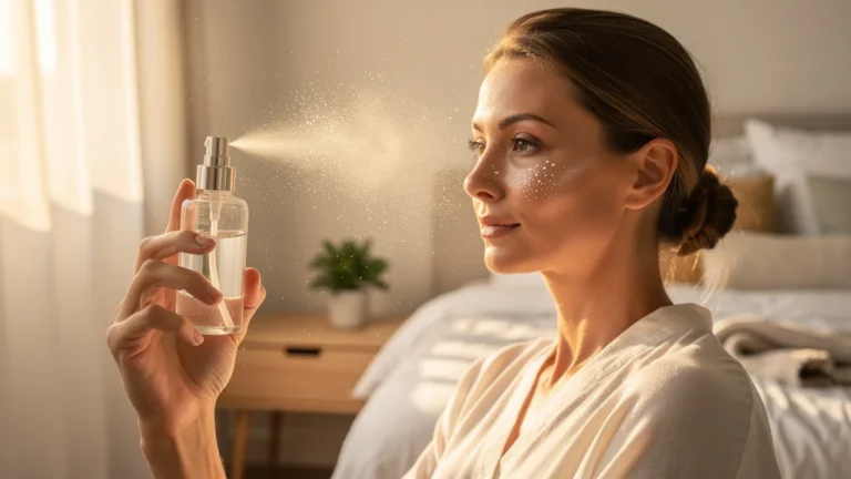 Brumisateur d'hydrolat au réveil apportant fraîcheur et bien-être à une femme de 38 ans