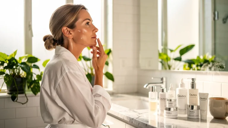 Femme appliquant le sérum Ceutics en lumière naturelle, reflet de 30 jours d'efficacité et limites