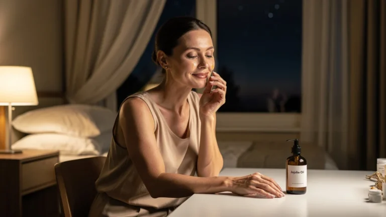 Femme de 38 ans appliquant de l'huile de jojoba pure en rituel beauté nocturne naturel et apaisant