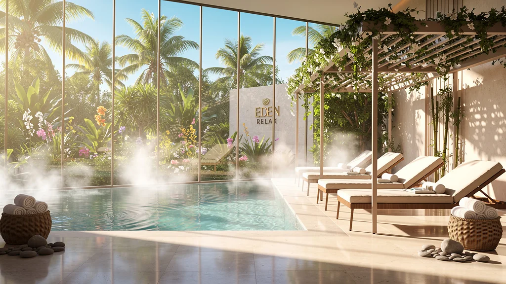 Vue hyper-réaliste d'un spa Eden Relax luxueux et apaisant pour le bien-être et la détente