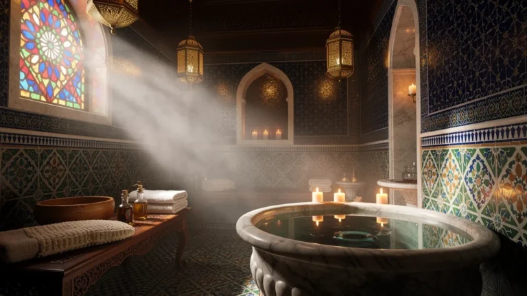 Intérieur hyper-réaliste d'un hammam traditionnel avec marbre, vapeur et lumière douce ambre