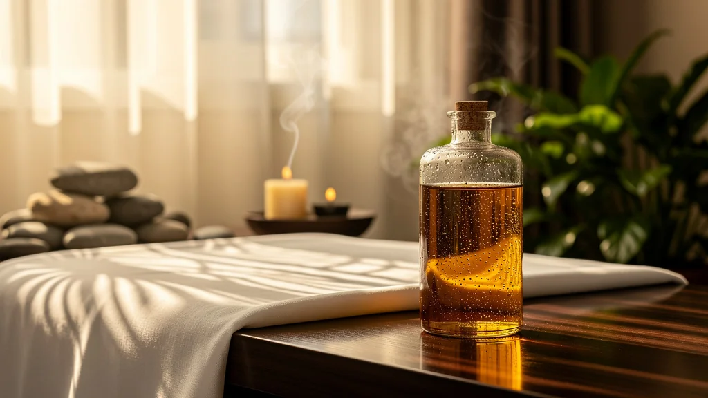Bouteille d'huile de massage sur table de spa élégante dans ambiance chaleureuse et relaxante