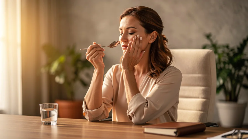 Femme de 38 ans pratiquant l'automassage du visage à la cuillère froide au bureau, bien-être et beauté