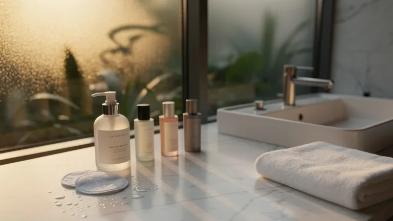 Scène de salle de bain minimaliste illustrant le nettoyage du soir sans maquillage, ambiance apaisante et naturelle