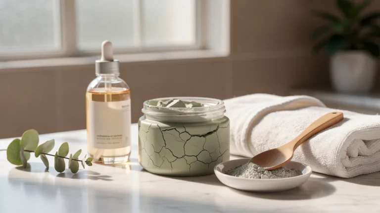 Pot de masque à l'argile sec sur un comptoir de salle de bain lumineux, illustrant l'effet desséchant du soin