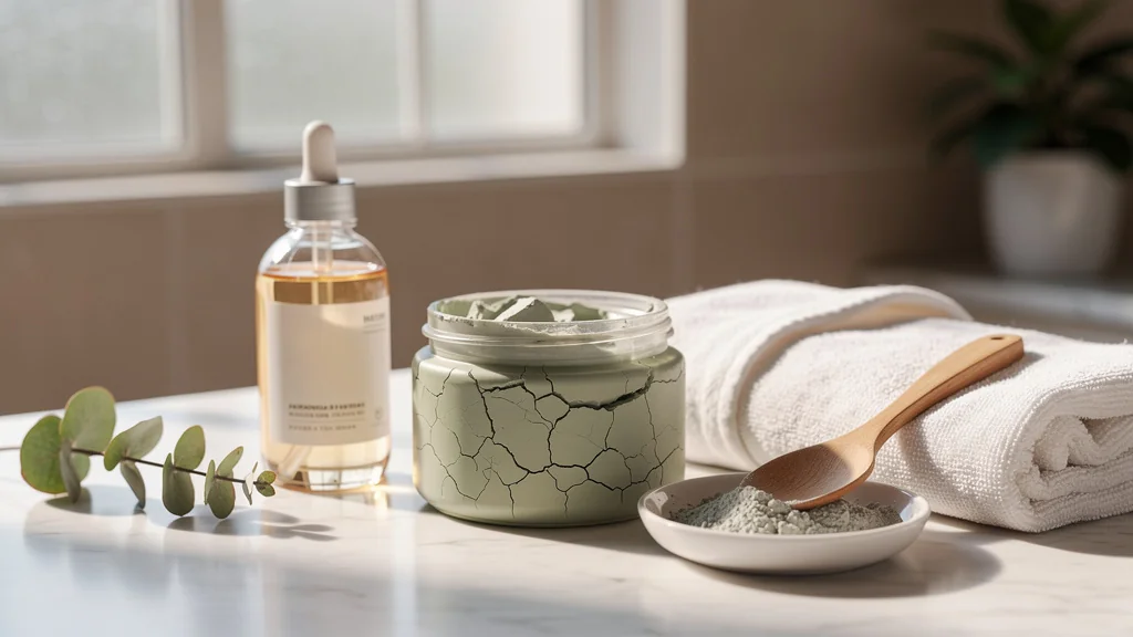 Pot de masque à l'argile sec sur un comptoir de salle de bain lumineux, illustrant l'effet desséchant du soin