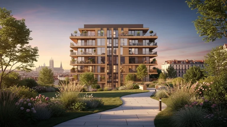 Vue panoramique ultra-réaliste de Les Cents Ciels Lyon au coucher de soleil, architecture moderne et nature apaisante