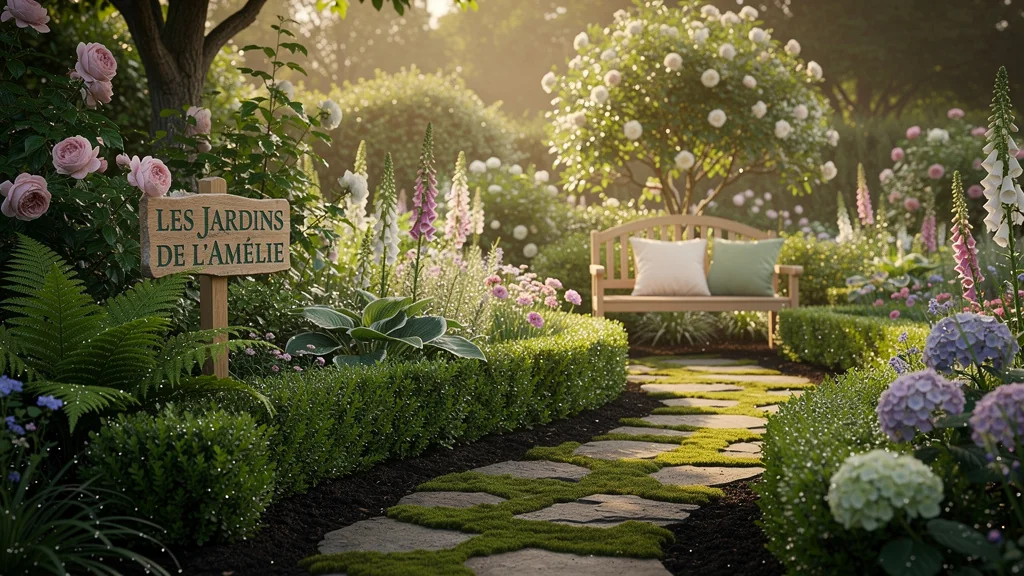 Vue hyper-réaliste des jardins de l'Amélie baignés de lumière matinale pour un article beauté et bien-être
