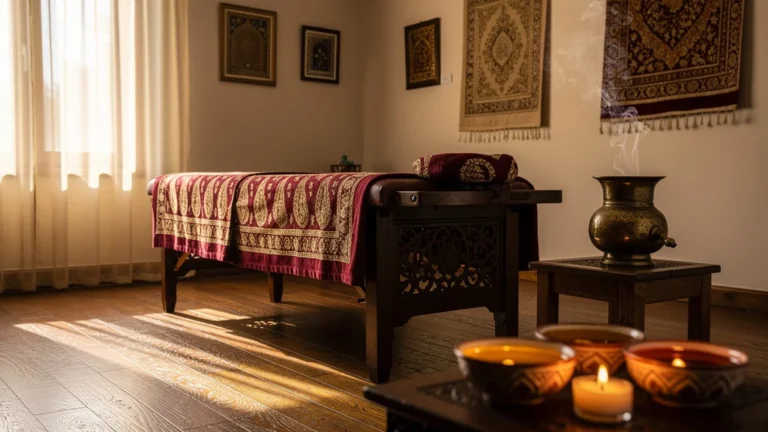 Salle de massage cachemirien authentique avec ambiance zen et éclairage naturel chaleureux