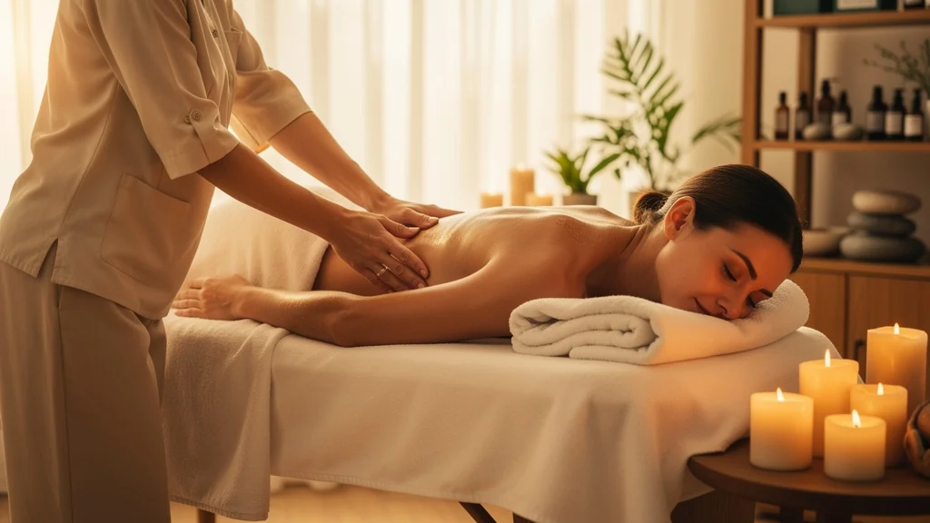 Femme de 38 ans recevant un massage californien relaxant dans une ambiance spa chaleureuse et apaisante