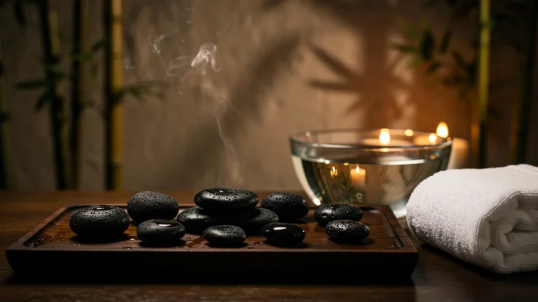 Plateau de pierres chaudes lisse et ambiance spa apaisante avant massage contre indications