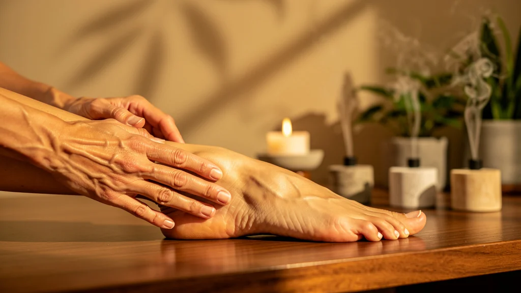 Femme 38 ans recevant réflexologie plantaire pour migraine dans ambiance bien-être apaisante