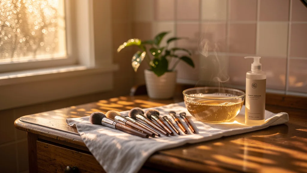 Nettoyage de pinceaux de maquillage pour apaiser les joues sensibles, rituel beauté du dimanche