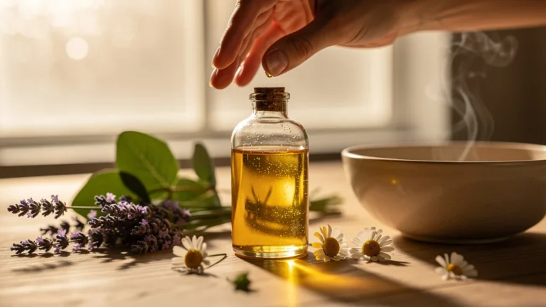 Bouteille d'huile naturelle pour masser avec plantes aromatiques sur table en bois dans ambiance spa apaisante
