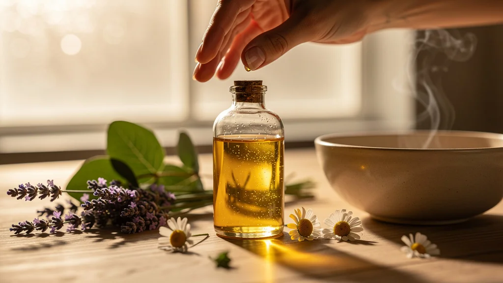 Bouteille d'huile naturelle pour masser avec plantes aromatiques sur table en bois dans ambiance spa apaisante