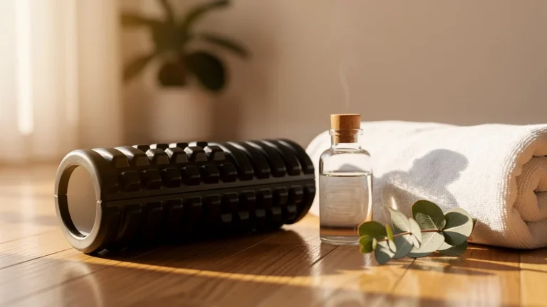 Rouleau de massage noir sur sol en bois dans une ambiance spa chaleureuse et paisible
