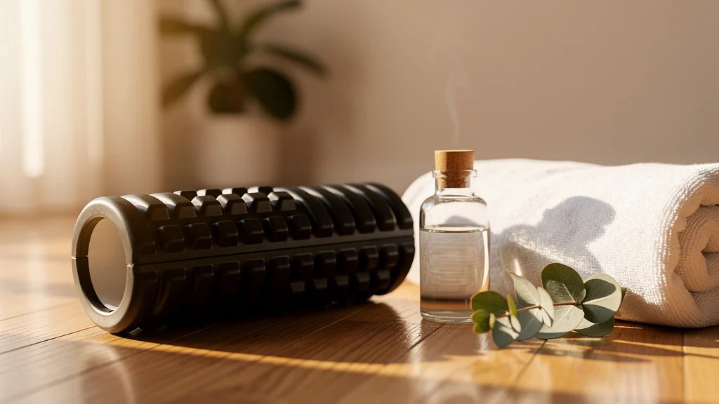 Rouleau de massage noir sur sol en bois dans une ambiance spa chaleureuse et paisible