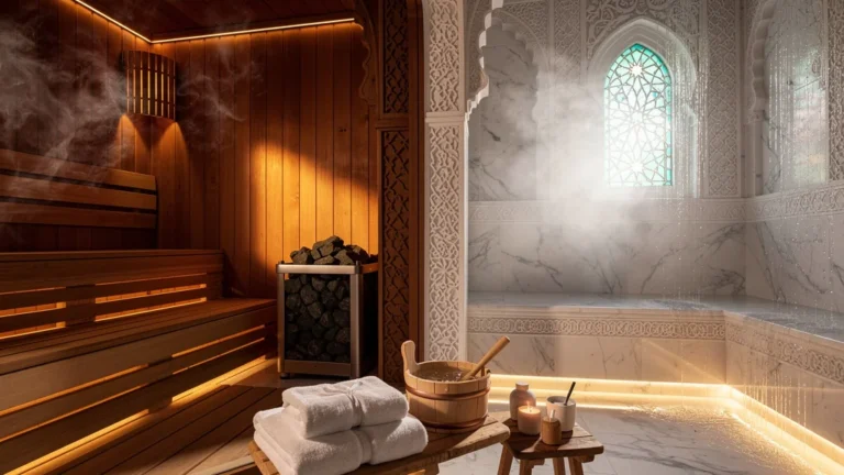 Comparaison hyperréaliste sauna en bois et hammam en marbre pour bien-être spa