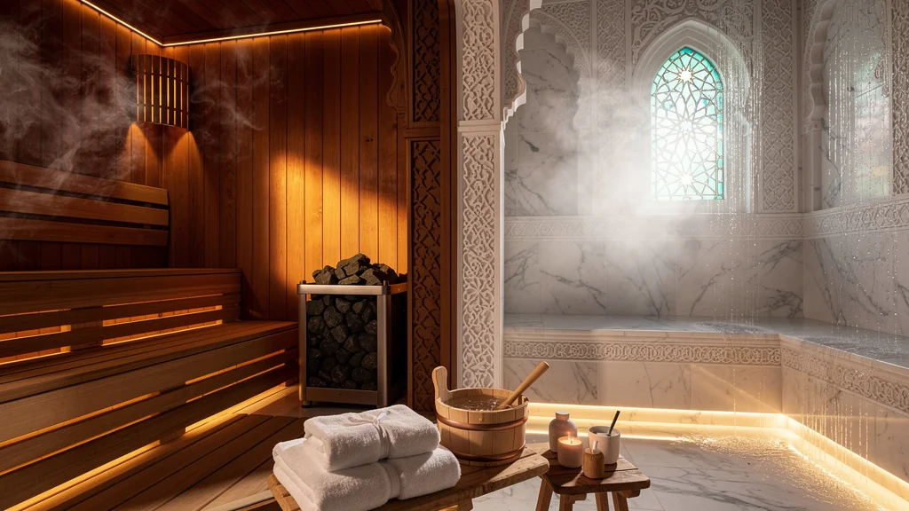 Comparaison hyperréaliste sauna en bois et hammam en marbre pour bien-être spa