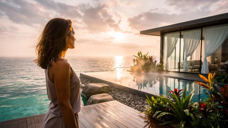 Spa au bord de la mer avec femme de 38 ans en tenue élégante, ambiance zen et lumière dorée apaisante