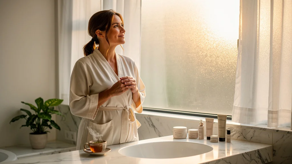Femme épanouie dans salle de bain lumineuse avec produits Sublimea, reflet bien-être après 3 semaines
