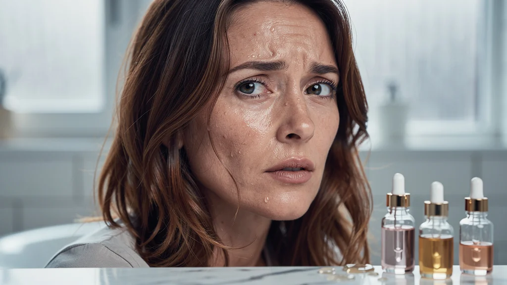 Femme 38 ans peau grasse et terne après trop de sérums, portrait réaliste et détaillé