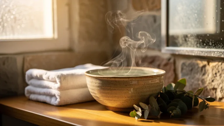 Bol d'eau chaude en bain de vapeur apaisant la peau sèche en hiver, ambiance spa douce et chaleureuse