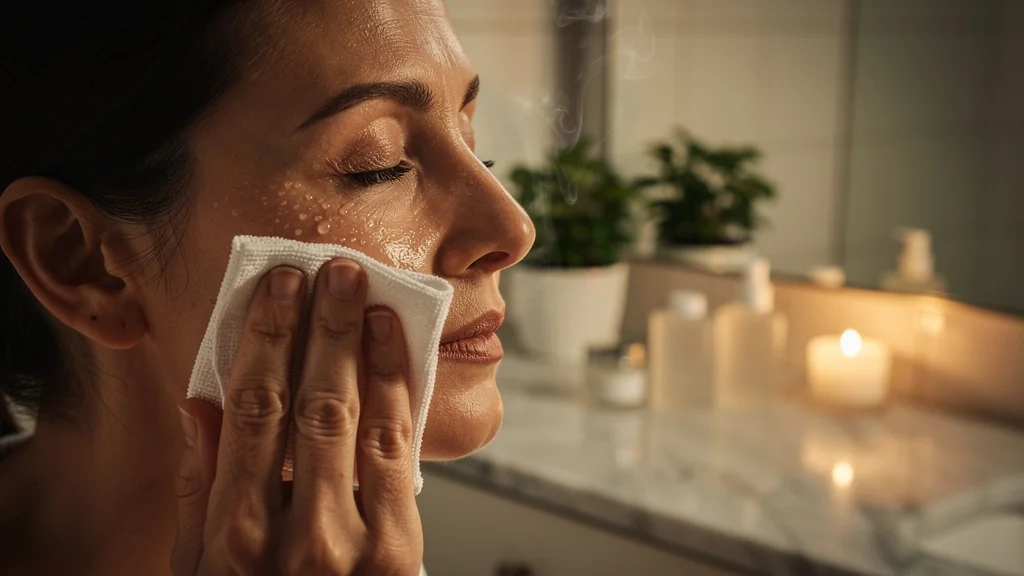 Femme de 38 ans appliquant une compresse tiède pour assouplir sa peau avant le démaquillage du soir